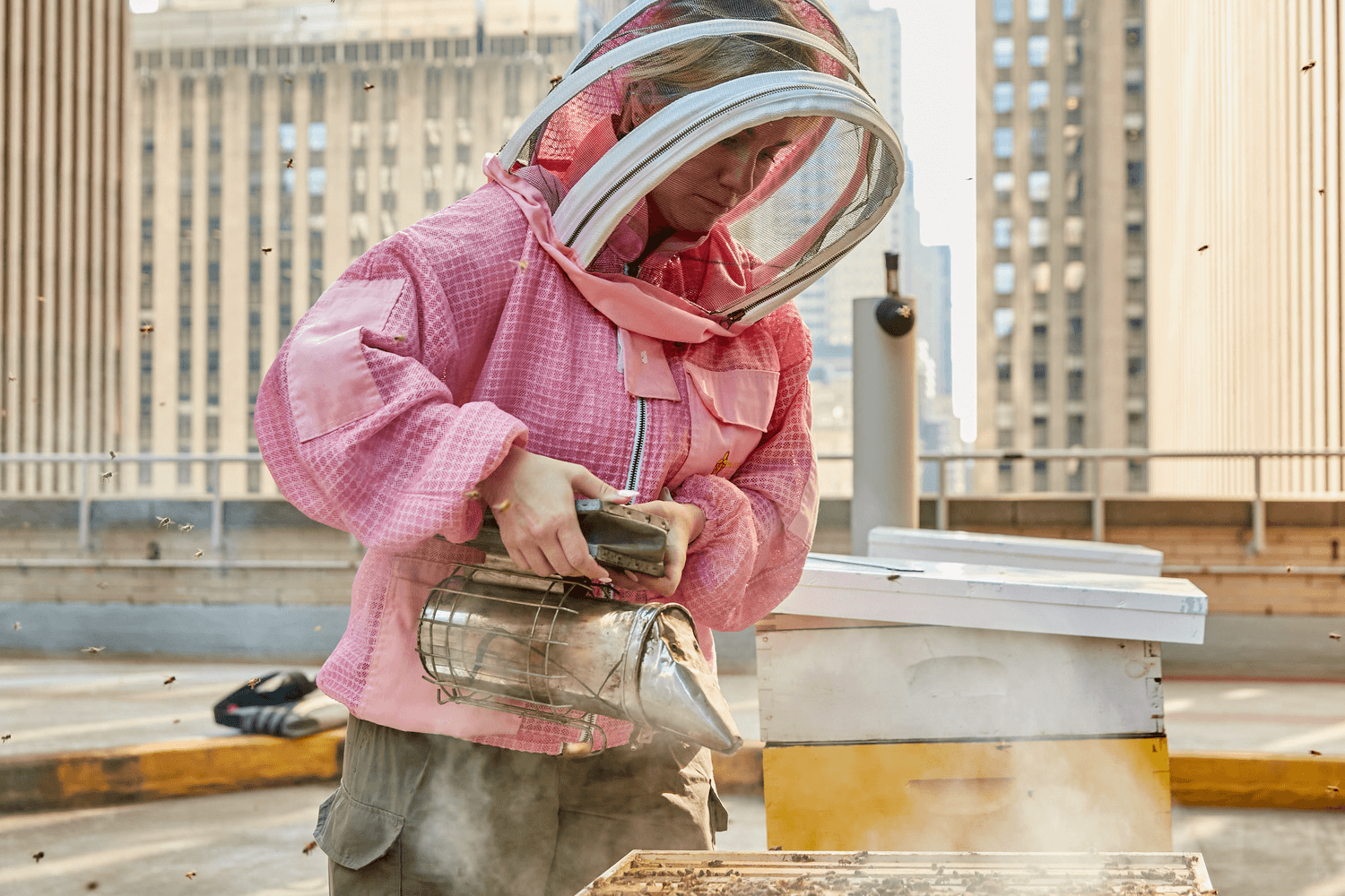 A beekeeper in a pink suit uses a smoker while tending to a beehive on a city rooftop, surrounded by flying bees.